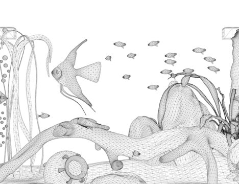Aquarium wireframe with fishes from black lines isolated on white background. 3D. Vector illustration