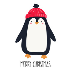Cute Christmas penguin and hand lettering. Christmas characters. Vector hand-drawn color children's illustration. 