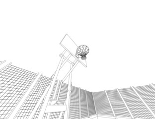 The contour of a basketball hoop on the field, fenced with a net of black lines isolated on a white background. Bottom view. 3D. Vector illustration