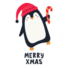 Cute Christmas penguin and hand lettering. Christmas characters. Vector hand-drawn color children's illustration. 