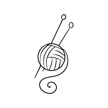 A ball of wool and knitting needles. Doodle sketch isolated on white background. Hand drawn illustration
