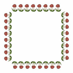 Square frame with cute amanita muscaria on white background. Vector image.