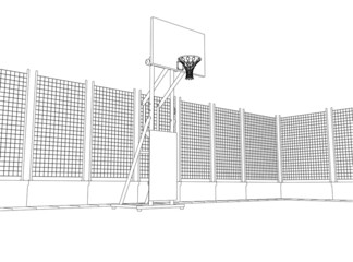 The contour of a basketball hoop on the field, fenced with a net of black lines isolated on a white background. 3D. Vector illustration