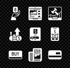 Set Hand holding Bitcoin, Trading courses, Online internet auction, Buy button, Business finance report, Credit card, Financial growth and book icon. Vector