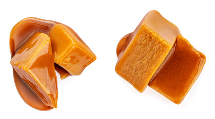 Caramel candies isolated on white background. Sweet  Caramel fudge top view.