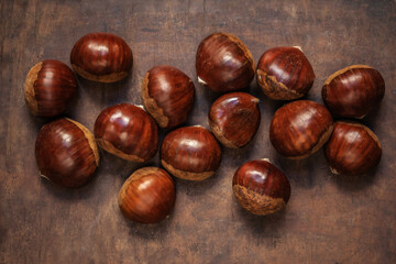 Chestnuts on on an old board with copy space. Autumn fall concept. Horse chestnuts top view.
