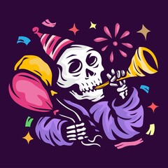 skull blow the trumpet and holding balloon. celebrate happy new year
