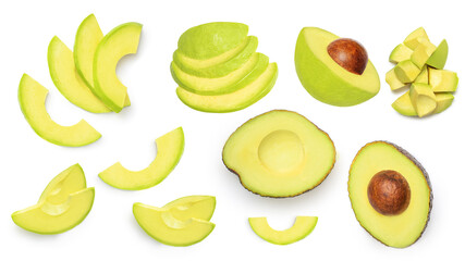 Sliced avocado isolated on white background. Top view avocadoes pieces