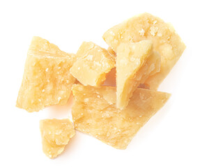 Pieces of parmesan cheese isolated on white background, top view.