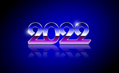 2022 in retro style in blue, purple and chrome with reflection on a blue gradient background. Happy New Year 2022 greeting card.