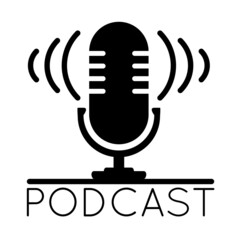 The microphone icon in a fashionable flat style is isolated against the background. Logo, application, user interface. Podcast radio icon. Studio microphone table broadcast podcast text.