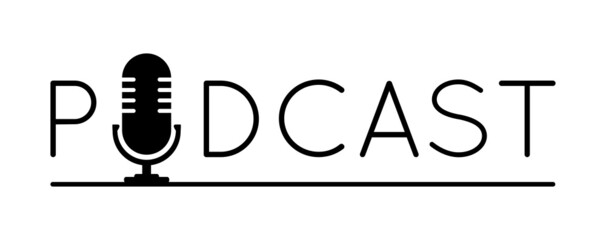 The microphone icon in a fashionable flat style is isolated against the background. Logo, application, user interface. Podcast radio icon. Studio microphone table broadcast podcast text.