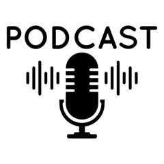 The microphone icon in a fashionable flat style is isolated against the background. Logo, application, user interface. Podcast radio icon. Studio microphone table broadcast podcast text.