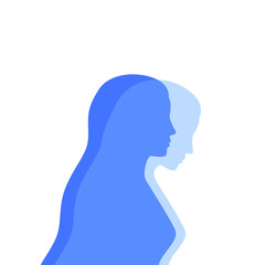 Blue female silhouette in profile with a translucent projection. Mental health concept. Duality and hidden emotions