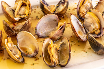 Clam stew in their shells cooked with a seafood recipe served in a Spanish tapas restaurant on a white porcelain plate