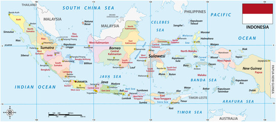 indonesia administrative vector map with flag