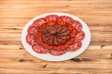 Tray of assorted Spanish sausages. Iberian sausage, chorizo and Iberian blood sausage on a white plate served as tapas