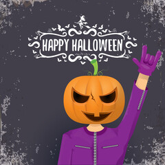 vector Happy Halloween creative hipster party background. man in Halloween costume with carved pumpkin head on grey background. Happy Halloween rock concert poster design