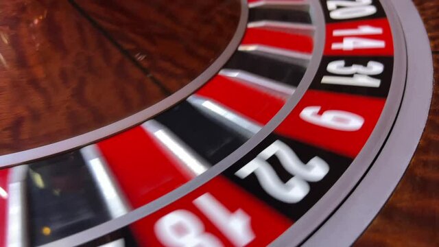 Closeup of the spinning roulette wheel in the casino