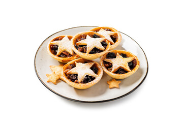 Traditional British Christmas pastry Mince Pies with apple, raisins, nuts filling. Isolated on white background