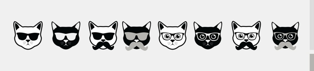 cat face head black and white set - silhouette cartoons emoticon icon isolated on white