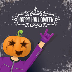 vector Happy Halloween creative hipster party background. man in Halloween costume with carved pumpkin head on grey background. Happy Halloween rock concert poster design