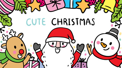 Cartoon cute deer and santa claus and snowman, Christmas template.
