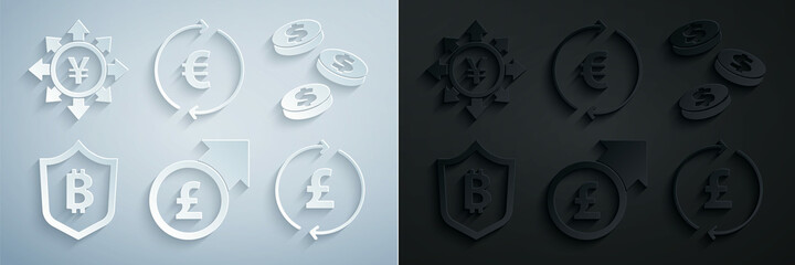 Set Financial growth and pound, Coin money with dollar, Shield bitcoin, euro symbol and Yen icon. Vector