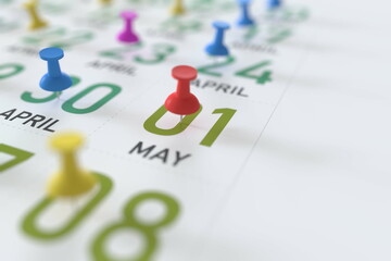 May 1 date and push pin on a calendar, 3D rendering