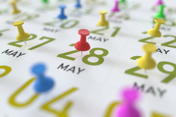 May 28 date marked with red pushpin on a calendar, 3D rendering
