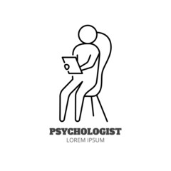 Psychotherapy session line icon concept. Psychologist sits on chair with notebook outline stroke element. Psychologist counseling. Group therapy. Editable stroke vector illustration