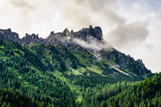 Elferspitze in austrian Stubai Alps in clouds.