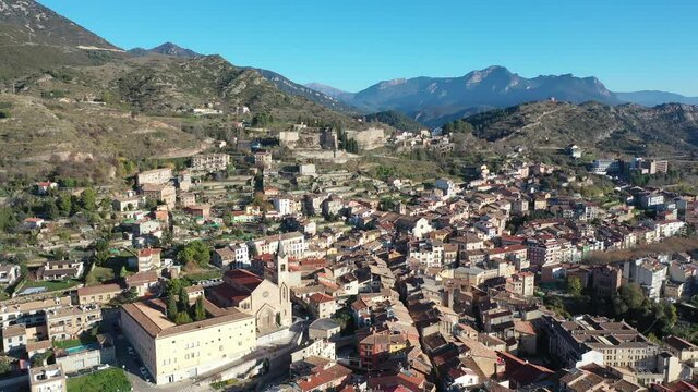 Top view of the city of Berga on the slopes of the Pyrenees mountains. Catalonia. Spain