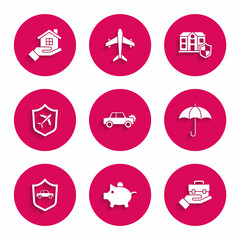 Set Car, Piggy bank, Hand holding briefcase, Umbrella, with shield, Plane, House and hand icon. Vector