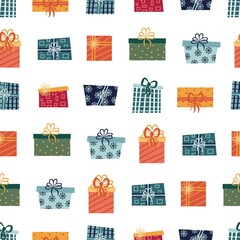 Gift boxes. New Years design of fabric, packaging, gift paper. Seamless pattern.
