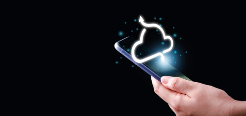 Cloud technology and Technology transformation concept. Businessman holding smartphone digital cloud are currently downloading and uploading data application.