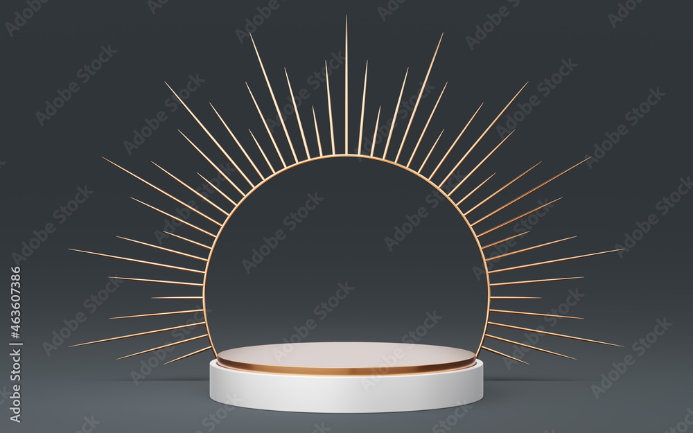 Wall mural empty white cylinder podium with gold border and spiked halo circle on black background. abstract mi