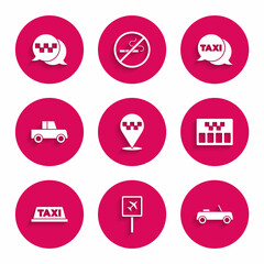 Set Location with taxi, Airport, Car, Taximeter, car roof, call telephone service and icon. Vector