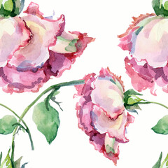 Watercolor roses with leaves on white background. Floral seamless pattern for decor interiors.