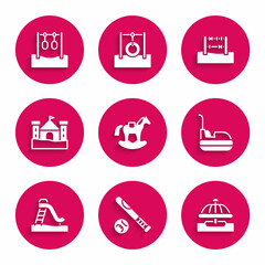 Set Horse in saddle swing, Baseball bat with ball, Attraction carousel, Bumper, Kid slide, Sand castle, Abacus and Gymnastic rings icon. Vector