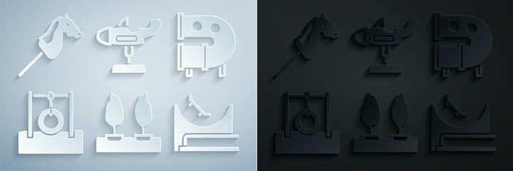 Set Forest, Kid playground slide pipe, Car tire hanging on rope, Skate park, Swing plane and Toy horse icon. Vector