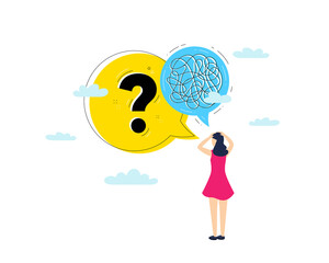 Mental health, mind stress and psychology anxiety. Getting help information. Illustration of brain trouble. Woman with confused thoughts. Question mark icon. Mental stress, mind anxiety. Vector