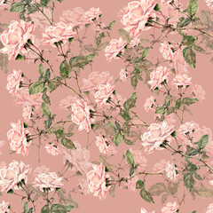 Watercolor roses with leaves on pink background. Floral seamless pattern for decor interiors.