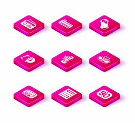 Set Pager, Calculator, Vinyl disk, Camera roll cartridge, 90s Retro, Home stereo with two speakers, Skateboard trick and Music synthesizer icon. Vector