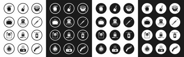 Set Bandit, Arson home, Briefcase money, Hand grenade, Marijuana joint, Lighter, Money laundering and Thief surrendering hands up icon. Vector