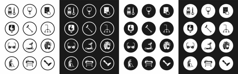 Set Braille, Walking stick cane, Disabled wheelchair, Syringe, Dental implant, Hearing aid and Blind glasses icon. Vector