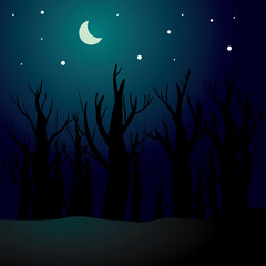 Spooky and creepy Halloween background consisting of a dry, dead forest silhouette at night, with a dark blue sky and moonlight. 
