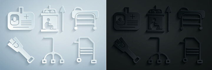 Set Walking stick cane, Stretcher, Prosthesis leg, Walker, Elevator for disabled and Identification badge icon. Vector