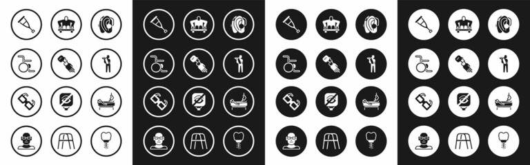 Set Hearing aid, Prosthesis hand, Wheelchair, Crutch or crutches, Human broken arm, Man without legs sitting wheelchair, Patient and Eyeglasses icon. Vector