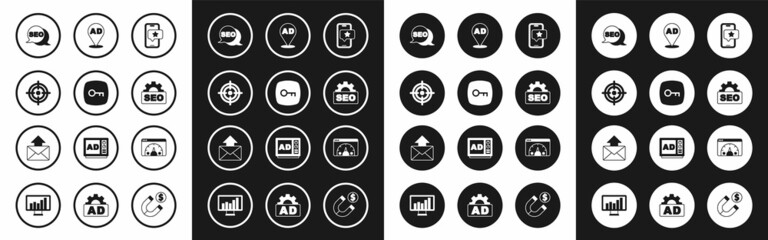 Set Mobile with review rating, Key, Target, SEO optimization, Advertising, Website statistic and Mail and e-mail icon. Vector